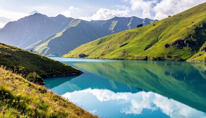 A serene alpine landscape featuring a vibrant turquoise lake mirroring lush green hills and imposing mountains under a bright sky.