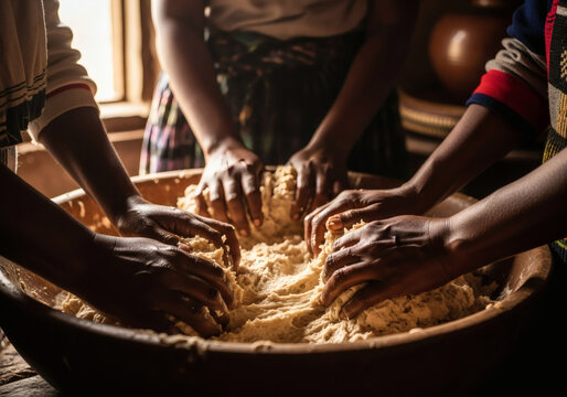 Traditional ethiopian kocho dough preparation by women hands in rustic wooden bowl