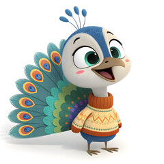 Adorable cartoon peacock with a cheerful smile and cozy sweater, bringing charm to children's media and whimsical designs, perfect for joyful projects