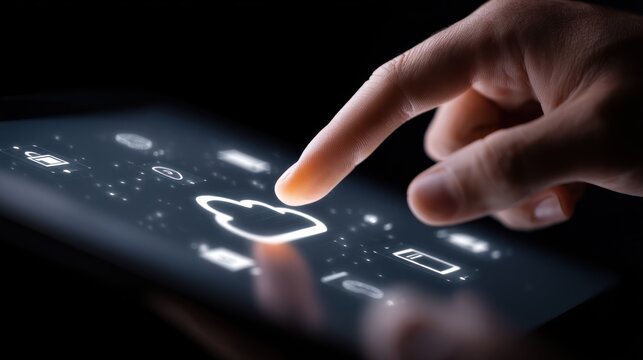 A close-up of a hand touching a tablet screen with a cloud computing interface, displaying icons for cloud services and storage.