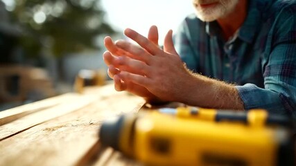 Men's hands working on service project while praying tools visible faces not shown faith through action mental health brotherhood carpentry ministry or habitat project with