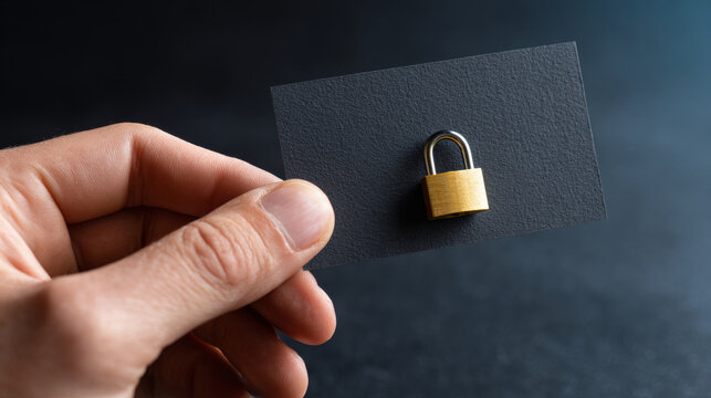 A hand holding a business card with a padlock on it, symbolizing security and privacy in the digital age. The background is dark to emphasize the subject matter.