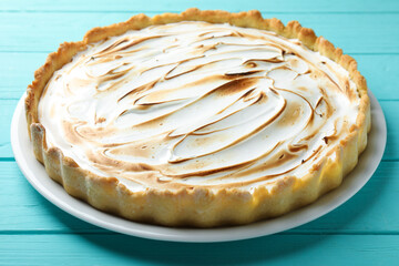 Tasty lemon meringue tart on turquoise wooden table, closeup