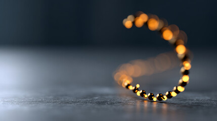 A gold bracelet with small, round beads is displayed on a dark surface from the photo collection at .
