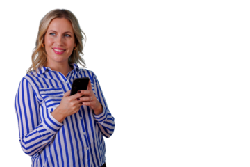 Woman smiling while using smartphone, standing with transparent background, communicating and networking online