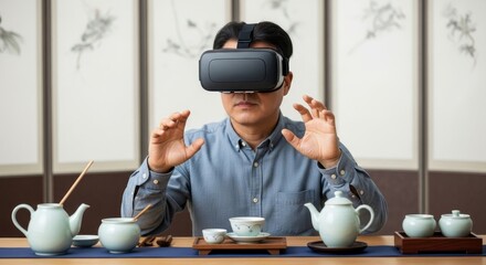 Asian businessman experiencing virtual reality tea ceremony while seated at traditional wooden table with ceramic teapots and cups in modern office setting