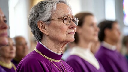 Elderly woman in purple choir robe singing in church ceremony
