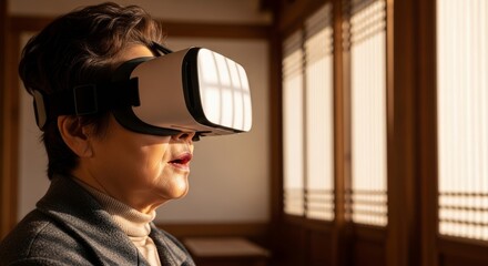 Asian elderly woman wearing virtual reality headset experiencing VR technology in warm sunlit traditional wooden interior room