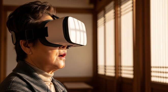 Asian elderly woman wearing virtual reality headset experiencing VR technology in warm sunlit traditional wooden interior room