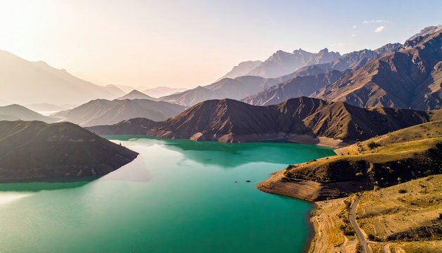 An aerial view captures a striking turquoise reservoir winding through dramatic, layered mountain peaks under a soft, hazy sky. - Powered by Adobe