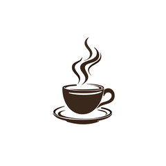 Obraz premium Hot coffee cup logo design vector, steaming mug icon for cafe, bakery, and breakfast brand identity.