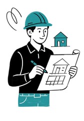 Ilustración de profesional con plano arquitectónico, estilo moderno y corporativo