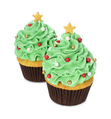 Christmas tree shaped cupcakes isolated on white
