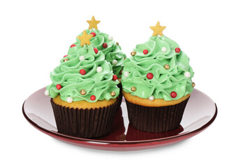 Christmas tree shaped cupcakes isolated on white