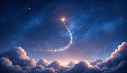 星空の中をひとすじの光跡を描きながら流れる小さな流れ星。ふんわりした雲と優しい夜明けの光が、メルヘンチックでロマンティックな空の風景を彩る幻想的なイラスト背景。
