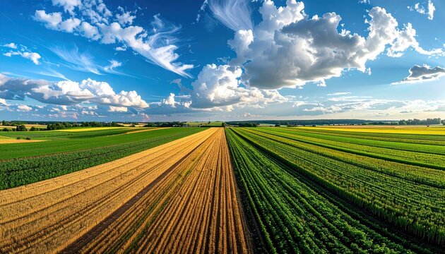 An aerial view of expansive agricultural fields with distinct rows of golden wheat and lush green crops under a bright blue sky with fluffy white clouds.