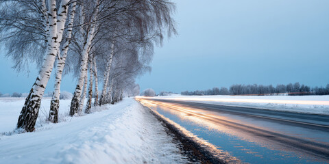 Naklejka premium A winter road with snow on the sides and trees, as well as lights reflecting off of it