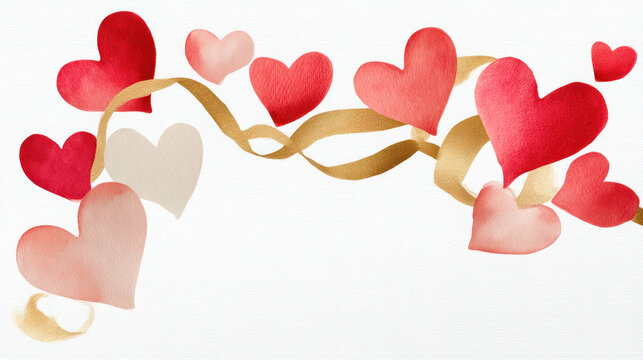 Colorful watercolor hearts and golden ribbon create a romantic atmosphere, perfect for Valentine's Day celebrations and heartfelt expressions of love