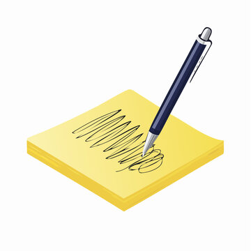 Un stylo et un post-it, pense b&ecirc;te, m&eacute;mo, prise de note, rappel, id&eacute;e, noter, &eacute;crire, isol&eacute; sur un fond blanc