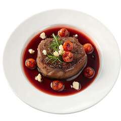 Delicious steak with cherry tomatoes rosemary and cheese in a red wine sauce dish on transparent background