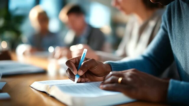 Close up of hands annotating Bible with highlighter and pen study group setting other participants defocused in background scripture meditation mental wellness spiritual