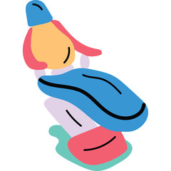Abstract illustration of a dental chair with blue pink yellow and purple colors on a transparent background representing dental care and oral hygiene