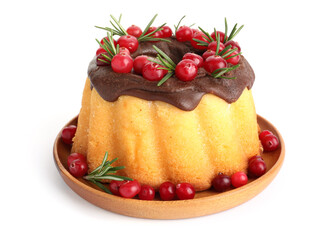 Delicious Christmas cake with chocolate glaze, cranberries and rosemary isolated on white
