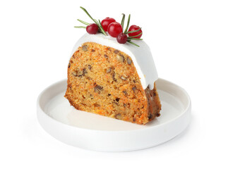 Piece of delicious Christmas cake with icing, cranberries and rosemary isolated on white
