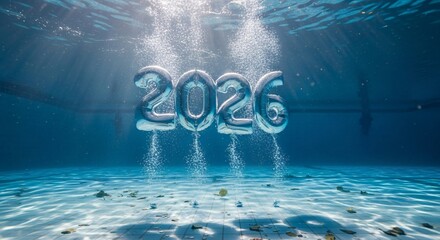Silver balloon numbers 2026 float underwater in a swimming pool, with sunlight filtering through the water and bubbles rising, signifying a fresh start
