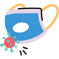 Blue and Purple Face Mask with Yellow Straps Near a Red and Teal Virus Icon Indicating Protection Against Illness