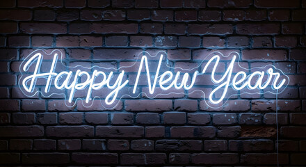 "Happy New Year" Blue Neon Sign on Red Brick Wall.