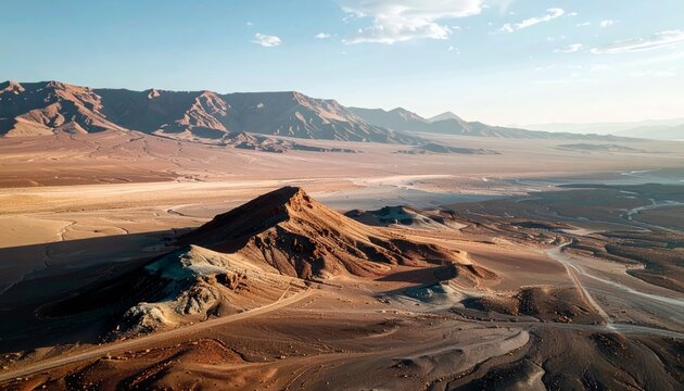An expansive desert scene featuring rugged, layered rock formations in the foreground and a vast, arid plain stretching towards distant, hazy mountains under a