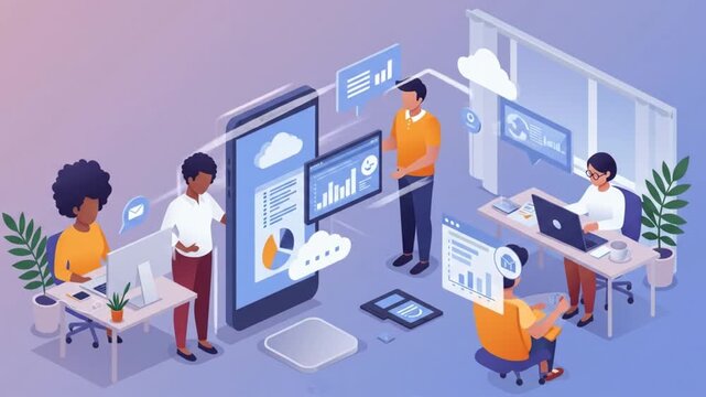 Diverse team collaborates on data analysis and cloud integration in a modern office - Powered by Adobe