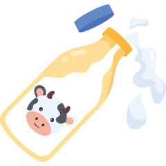 Cute Cartoon Cow Face Inside A Milk Bottle With Spilling Milk And Blue Cap Transparent Background