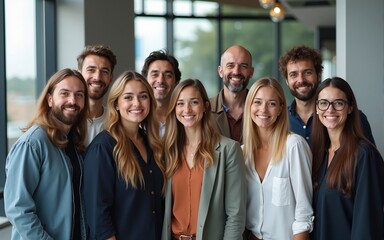 Diverse group of employees project team standing together in modern business building - group selfi portrait of cheerful and joyful young and senior employees colleagues. High quality