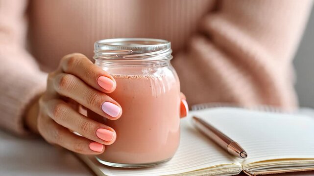 Woman's hand holding a smoothie jar with open notebook in cozy setting