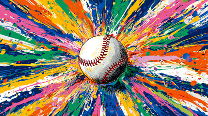 A colorful baseball at the center of an explosion of paint splashes