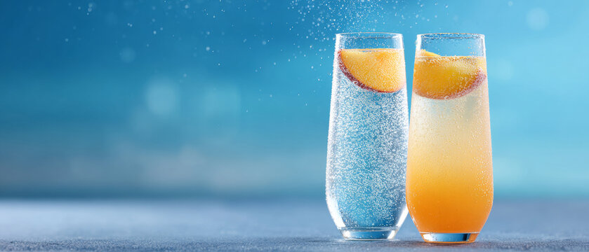 Two glasses of sparkling orange and blue drinks with floating bubbles on a table against a blue background