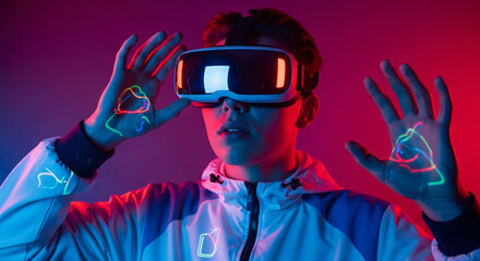 Person wearing vr headset with neon lights on hands, futuristic