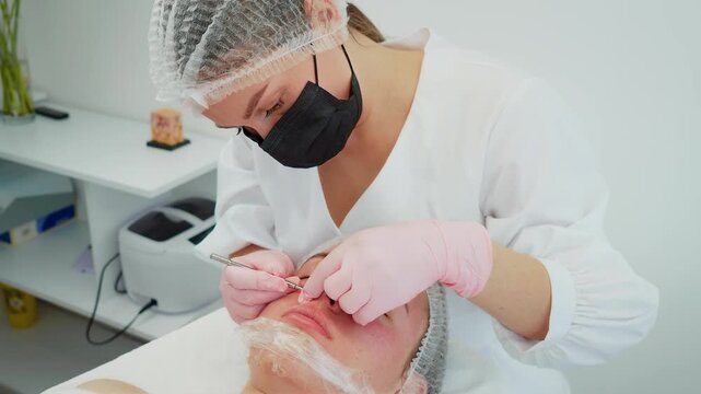 Girl patient in cosmetic clinic receiving skin care treatment and blackhead removal. Female patient in beauty center undergoing acne extraction and skincare procedure. Woman in dermatology clinic