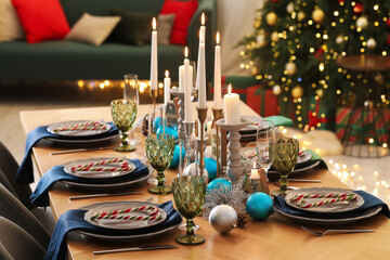 Festive table setting with Christmas decor at home