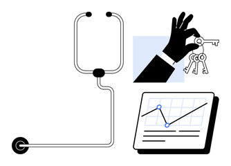 Graph with rising trendline, hand holding keys, and connected flow structure. Ideal for strategy, success, business, planning, analytics innovation and decision-making. Simple flat metaphor