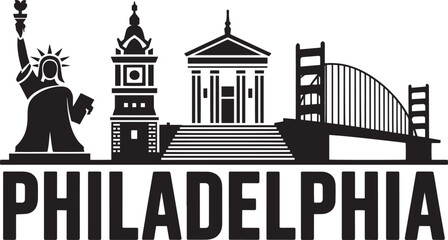 Philadelphia city skyline icon with bridge historic architecture and liberty statue graphic vector illustration. © pyenga