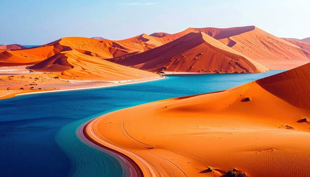 A striking desert scene featuring undulating orange sand dunes that embrace a vivid blue body of water, creating a stark contrast.
