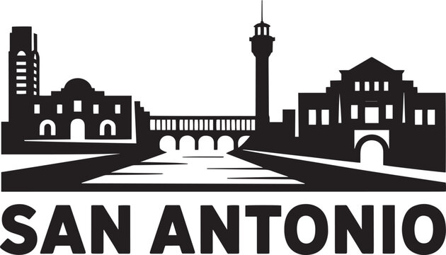 San antonio texas skyline silhouette cityscape with tower of americas and alamo historical landmarks illustration.