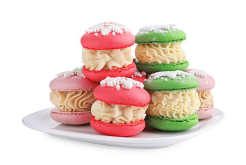 Festively decorated macarons isolated on white. Christmas treat
