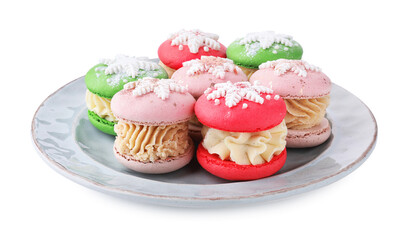 Festively decorated macarons isolated on white. Christmas treat