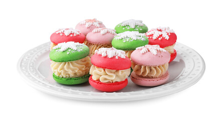 Festively decorated macarons isolated on white. Christmas treat