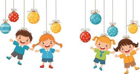 Happy children hanging from christmas ornaments on white background