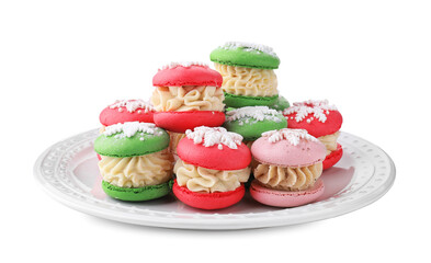 Festively decorated macarons isolated on white. Christmas treat